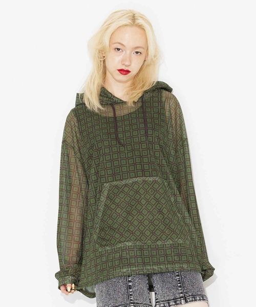 X-girl（エックスガール）の「RETRO PATTERN MESH HOODIE/レトロ メッシュパーカー（パーカー・レディース・ブラック/ブラウン/グリーン・S/M）」の3枚目の写真