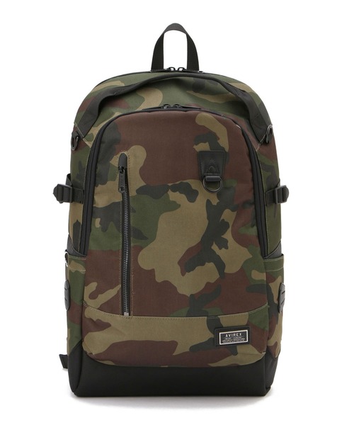 AVIREX ブラック フロントロゴレザー リュック AVIREX（アヴィレックス）の「VARSITY LEATHER DAYPACK/ バー