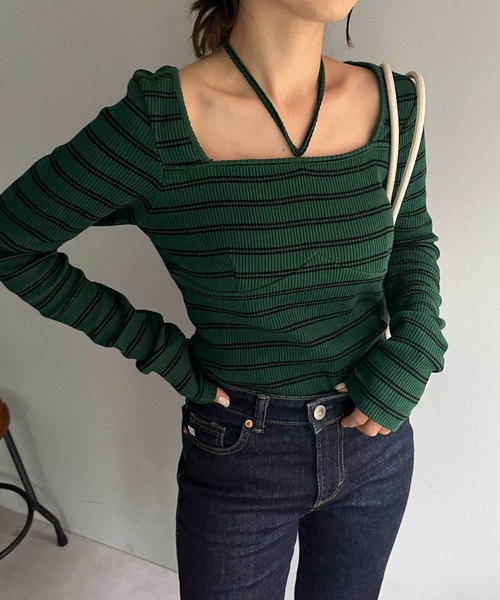 CAPRICIEUX LE'MAGE（カプリシューレマージュ）の「スクエアボーダーホルタープルオーバー（Tシャツ/カットソー・レディース・ブラック/オフホワイト/グリーン・FREE）」の16枚目の写真