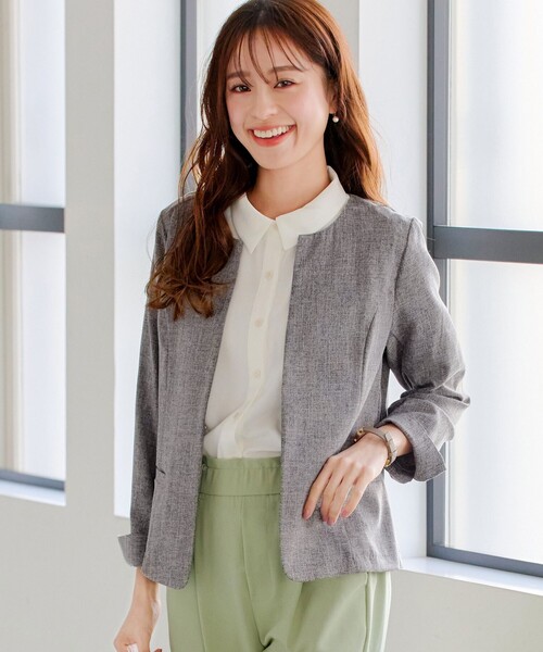 mtn7になります【タグ付き】ティアラ 麻調ノーカラージャケット グレー アウトレット】【夏向け】麻調ノーカラージャケット ライト