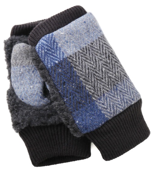 セール】[AVOCA]指なし手袋 ウール チェック柄 スマホ対応（手袋