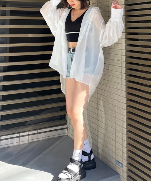 SPIRALGIRL（スパイラルガール）の「アシメギャザーシアーシャツ（シャツ/ブラウス・レディース・ブラック/ホワイト・FREE）」の12枚目の写真