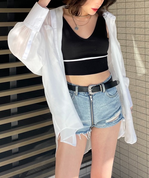 SPIRALGIRL（スパイラルガール）の「アシメギャザーシアーシャツ（シャツ/ブラウス・レディース・ブラック/ホワイト・FREE）」の10枚目の写真