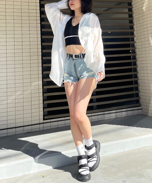 SPIRALGIRL（スパイラルガール）の「アシメギャザーシアーシャツ（シャツ/ブラウス・レディース・ブラック/ホワイト・FREE）」の11枚目の写真