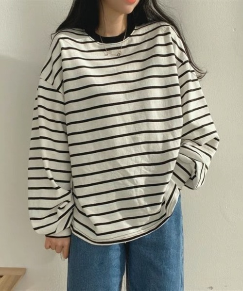 Sibra(シブラ)の「オーバーサイズボーダーTシャツ(Tシャツ/カットソー・レディース・ホワイト・M)」の4枚目の写真