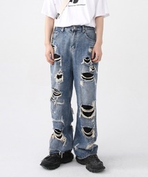 Ressaca | ダメージクラッシュ加工 ルーズシルエット ワイドストレートウォッシュデニムパンツ(デニムパンツ)