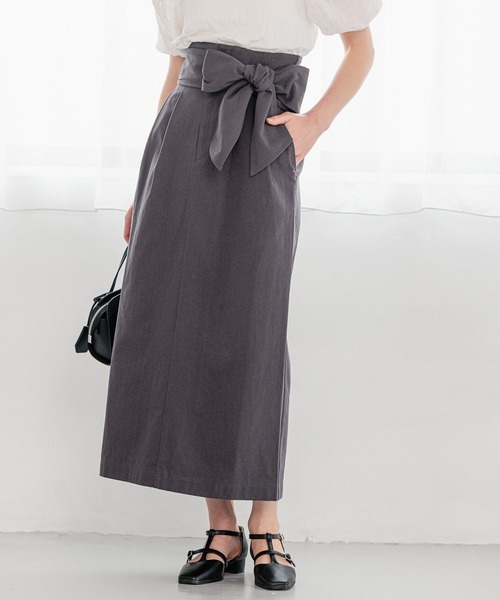 mysty woman（ミスティウーマン）の「BIGリボンハイウエストナロースカート　908455（スカート・レディース・オレンジ系その他/アイボリー/チャコールグレー・FREE）」の3枚目の写真