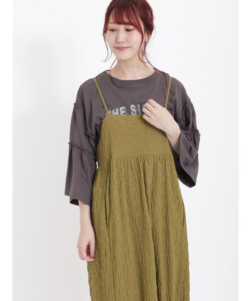 Samansa Mos2(サマンサ モスモス)の「ヴィンテージライク袖フリルロゴTシャツ(Tシャツ/カットソー・レディース・ブルー/チャコールグレー/キナリ/カーキ・F)」の3枚目の写真