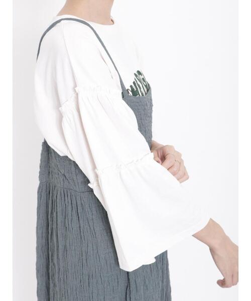 Samansa Mos2(サマンサ モスモス)の「ヴィンテージライク袖フリルロゴTシャツ(Tシャツ/カットソー・レディース・ブルー/チャコールグレー/キナリ/カーキ・F)」の10枚目の写真