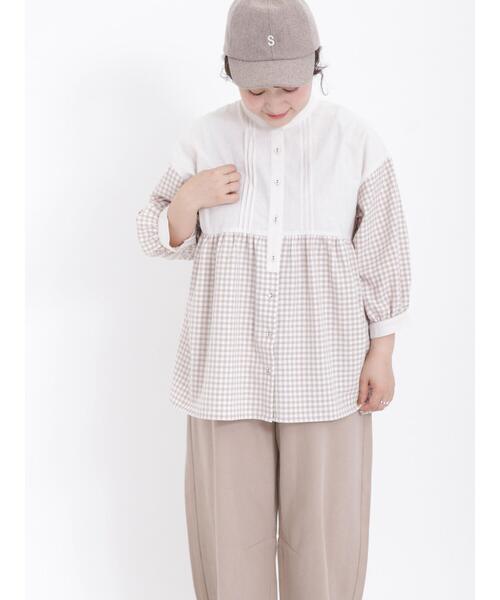 Samansa Mos2(サマンサ モスモス)の「ギンガムチェック配色切替7分袖ブラウス(シャツ/ブラウス・レディース・ベージュ/ブルー/ブラック/レッド・F)」の5枚目の写真