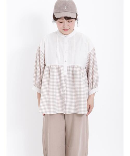 Samansa Mos2(サマンサ モスモス)の「ギンガムチェック配色切替7分袖ブラウス(シャツ/ブラウス・レディース・ベージュ/ブルー/ブラック/レッド・F)」の10枚目の写真