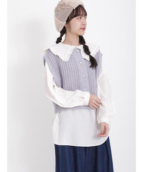 Samansa Mos2（サマンサ モスモス）の「前後着引き揃えパール釦ベスト（ベスト・レディース・グリーン/ベージュ/チャコールグレー/ブルー・F）」の9枚目の写真