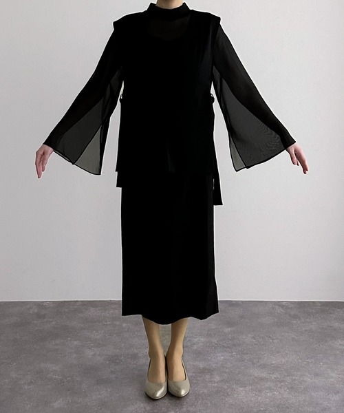 atlo（アトロ）の「【低身長用サイズあり】 結婚式 パーティー ドレス ジレ 袖あり&ロング お呼ばれ フォーマル 同窓会 オケージョンドレス ワンピース 二次会 成人式 謝恩会 20代 30代（ドレス・レディース・ブラック/チャコール・S/M/L/XL/XXL/4L/5L/SS）」の3枚目の写真