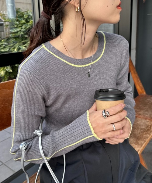 CIAOPANIC TYPY(チャオパニックティピー)の「アンチピリングラインニット(ニット/セーター・レディース・オフホワイト/ブラック/グレー/ライトグレー/オレンジ・ONE SIZE)」の4枚目の写真