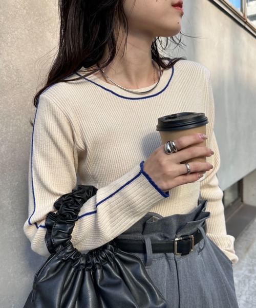 CIAOPANIC TYPY(チャオパニックティピー)の「アンチピリングラインニット(ニット/セーター・レディース・オフホワイト/ブラック/グレー/ライトグレー/オレンジ・ONE SIZE)」の2枚目の写真