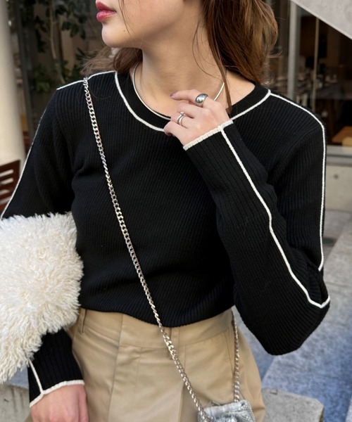 CIAOPANIC TYPY(チャオパニックティピー)の「アンチピリングラインニット(ニット/セーター・レディース・オフホワイト/ブラック/グレー/ライトグレー/オレンジ・ONE SIZE)」の1枚目の写真