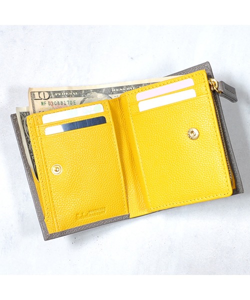 二つ折り財布 グレー イエロー MURA 牛革 ツートンカラー 隠しポケット付 スリム 二つ折り財布