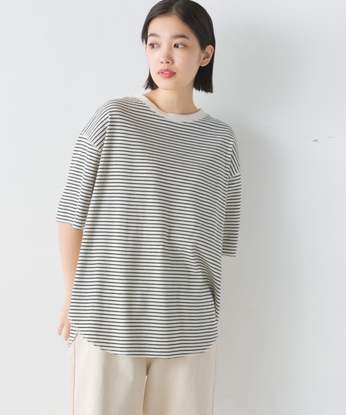 OMNES(オムネス)の「リブ裾ラウンドプルオーバー半袖(Tシャツ/カットソー・レディース・アイボリー/ブラック/ホワイト系その他/ラベンダー・FREE)」の3枚目の写真