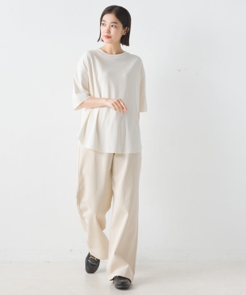 OMNES(オムネス)の「リブ裾ラウンドプルオーバー半袖(Tシャツ/カットソー・レディース・アイボリー/ブラック/ホワイト系その他/ラベンダー・FREE)」の8枚目の写真