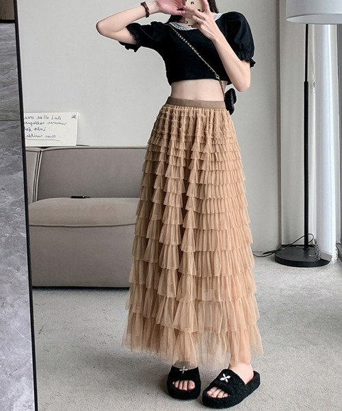 SEU(エスイーユー)の「フリルヘムメッシュスカート ちびフリル チュールティアードボリュームロングスカート(スカート・レディース・アイボリー/ブラック/ホワイト/ピンク/ベージュ・フリー)」の20枚目の写真