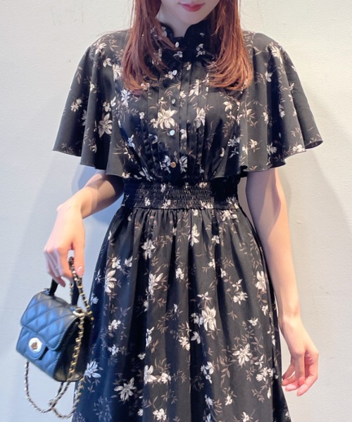 TED BAKER 花柄 フレア スリーブ ケープ ワンピース 蜂の巣 ネイビー