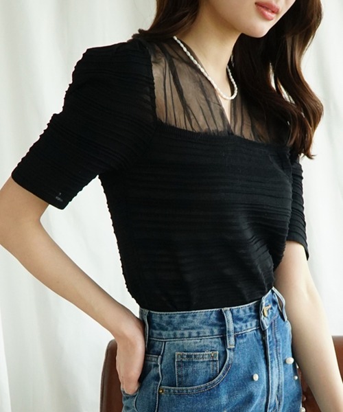 Jasmine Grandiflorum（ジャスミングランディフローラム）の「【Jasmine】チュール切り替えトップス (SS)（Tシャツ/カットソー・レディース・ブラック/ホワイト・FREE）」の2枚目の写真