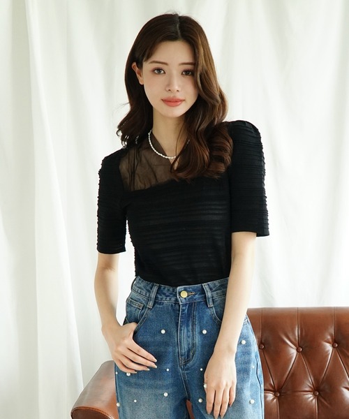 Jasmine Grandiflorum（ジャスミングランディフローラム）の「【Jasmine】チュール切り替えトップス (SS)（Tシャツ/カットソー・レディース・ブラック/ホワイト・FREE）」の3枚目の写真