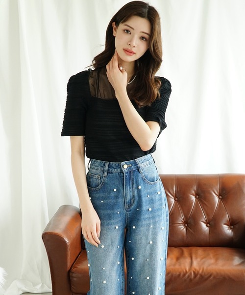 Jasmine Grandiflorum（ジャスミングランディフローラム）の「【Jasmine】チュール切り替えトップス (SS)（Tシャツ/カットソー・レディース・ブラック/ホワイト・FREE）」の5枚目の写真