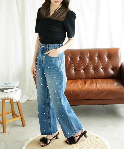 Jasmine Grandiflorum（ジャスミングランディフローラム）の「【Jasmine】チュール切り替えトップス (SS)（Tシャツ/カットソー・レディース・ブラック/ホワイト・FREE）」の4枚目の写真