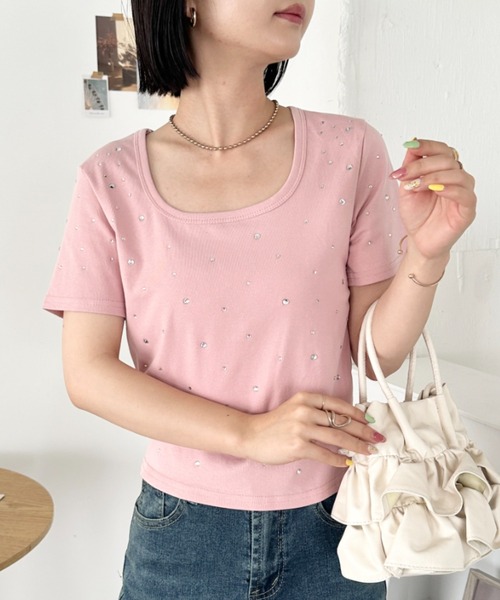 セール】ビジューストーンスクエアネック半袖トップス（Tシャツ