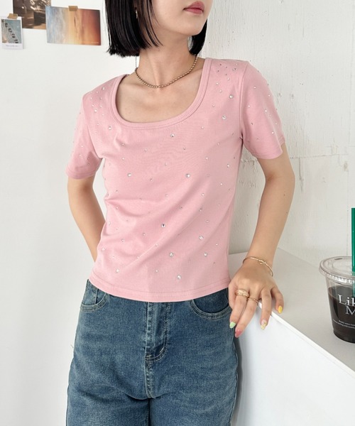 セール】ビジューストーンスクエアネック半袖トップス（Tシャツ