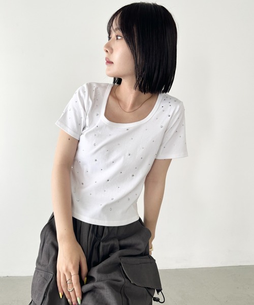 セール】ビジューストーンスクエアネック半袖トップス（Tシャツ