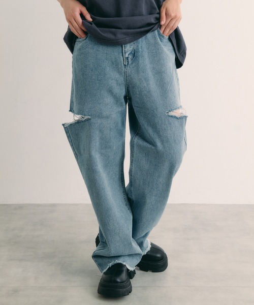 IROHANI（イロハニ）の「サイドカットワイドデニム（デニムパンツ・レディース・ブルー/ブラック/ライトブルー・FREE）」の3枚目の写真