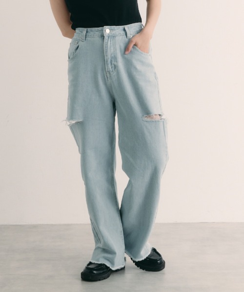 IROHANI（イロハニ）の「サイドカットワイドデニム（デニムパンツ・レディース・ブルー/ブラック/ライトブルー・FREE）」の2枚目の写真