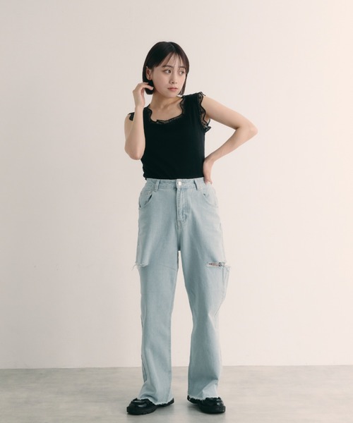 IROHANI（イロハニ）の「サイドカットワイドデニム（デニムパンツ・レディース・ブルー/ブラック/ライトブルー・FREE）」の9枚目の写真