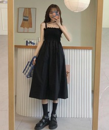 shopnikoniko | キャミワンピース ロング フレア フリル シャーリング(ワンピース)