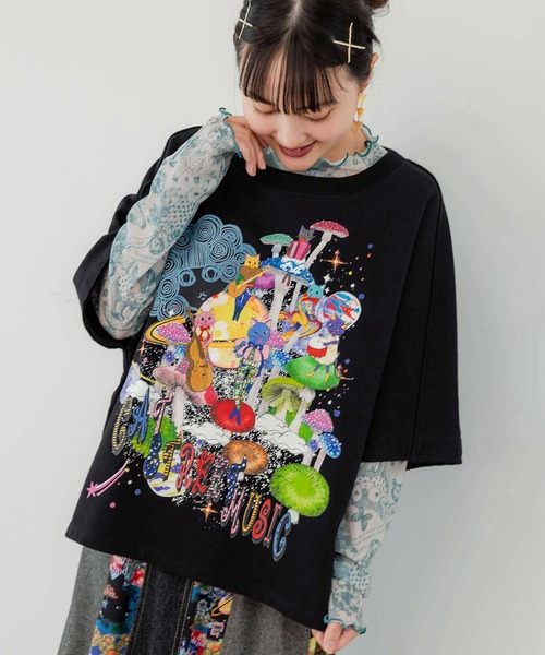 ScoLar（スカラー）の「143625：花・宇宙クラゲ・アニマル 3柄展開 ラメニットソーインナーTシャツ（Tシャツ/カットソー・レディース・グリーン/ブラック/オフホワイト・M）」の11枚目の写真