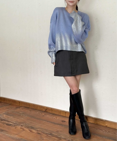 Per sist ence（パーシエンス）の「シルバー箔プリントクロップド丈プルオーバー（ニット/セーター・レディース・ブルー/アイボリー/グレー/ブラック・FREE）」の9枚目の写真