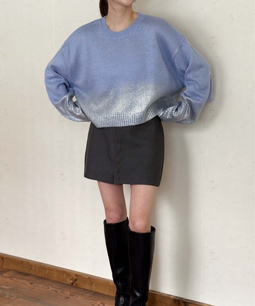 Per sist ence（パーシエンス）の「シルバー箔プリントクロップド丈プルオーバー（ニット/セーター・レディース・ブルー/アイボリー/グレー/ブラック・FREE）」の19枚目の写真