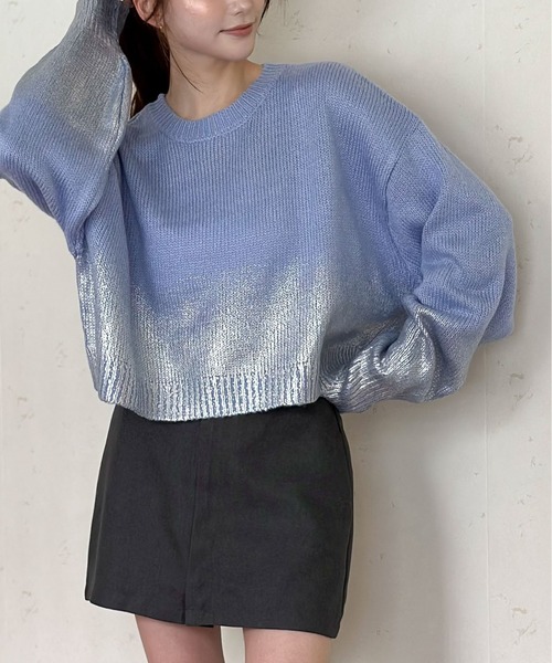 Per sist ence（パーシエンス）の「シルバー箔プリントクロップド丈プルオーバー（ニット/セーター・レディース・ブルー/アイボリー/グレー/ブラック・FREE）」の20枚目の写真