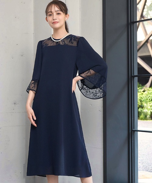 Flolia(フロリア)の「【喪服・礼服】レース切替えフレアスリーブIラインワンピース ブラックフォーマル フォーマル セレモニー 結婚式 オケージョン 卒業式 卒園式 入学式 入園式 七五三 ママ 母親 マタニティ 妊婦(ワンピース・レディース・ネイビー/ブラック・M/S/2L/L)」の8枚目の写真