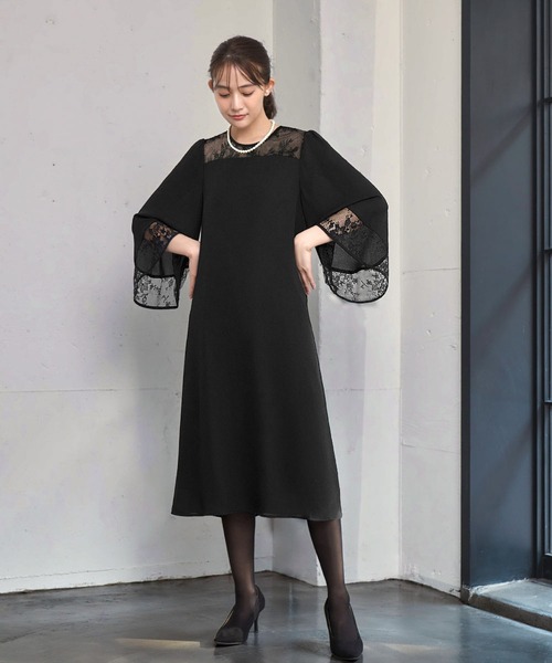Flolia(フロリア)の「【喪服・礼服】レース切替えフレアスリーブIラインワンピース ブラックフォーマル フォーマル セレモニー 結婚式 オケージョン 卒業式 卒園式 入学式 入園式 七五三 ママ 母親 マタニティ 妊婦(ワンピース・レディース・ネイビー/ブラック・M/S/2L/L)」の4枚目の写真