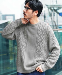 ウォッシャブルクルーネックケーブルニットセーター