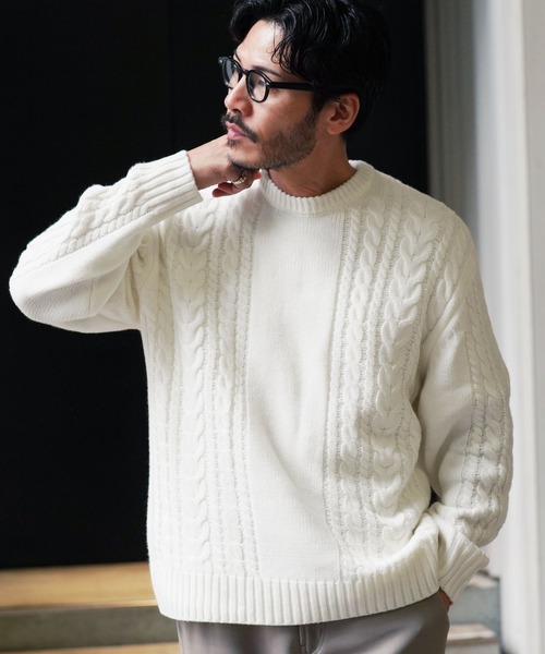 jiggys shop（ジギーズショップ）の「ウォッシャブルクルーネックケーブルニットセーター（ニット/セーター・メンズ・ブルー/ホワイト/ブラック/ミックスグレー/カーキ/グレー系その他・SMALL/MEDIUM/LARGE/X-LARGE）」の2枚目の写真