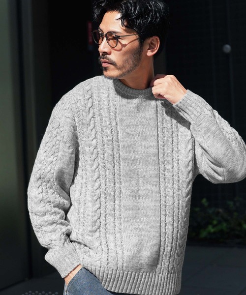 jiggys shop（ジギーズショップ）の「ウォッシャブルクルーネックケーブルニットセーター（ニット/セーター・メンズ・ブルー/ホワイト/ブラック/ミックスグレー/カーキ/グレー系その他・SMALL/MEDIUM/LARGE/X-LARGE）」の4枚目の写真