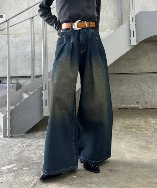 WEB限定サイズあり>タックデニムパンツ（デニムパンツ
