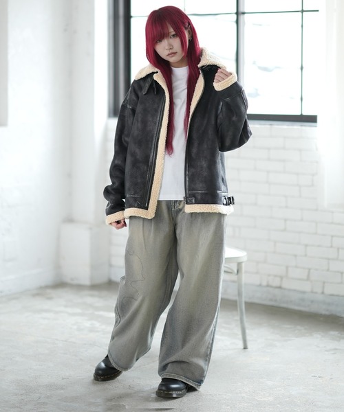 SIDEWAY STANCE(サイドウェイスタンス)の「【SIDEWAY STANCE】フェイクムートン B-3 ジャケット(ムートンコート・メンズ・キナリ/ブラック系/ブラウン/ブラック・MEDIUM/LARGE/X-LARGE/SMALL)」の6枚目の写真
