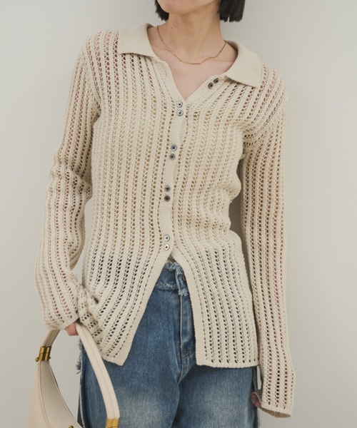 メッシュポロニットプルオーバー/カーデ（ポロシャツ）｜Shelly island