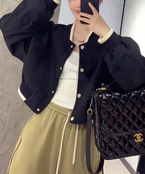 Per sist ence(パーシエンス)の「バイカラーショート丈スタジャン(ブルゾン・レディース・ベージュ/ピンク/ブラック・LARGE/X-LARGE/MEDIUM)」の1枚目の写真