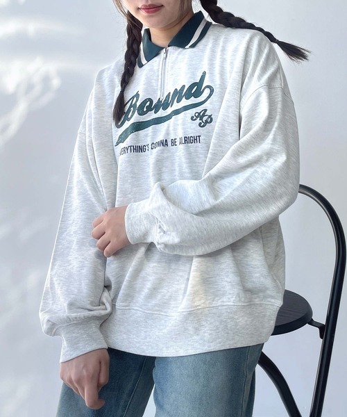 AS KNOW AS plus(アズノゥアズプラス)の「●配色衿ライン ロゴ刺繍ハーフジッププルオーバー(ポロシャツ・レディース・オートミール/ネイビー/ボルドー・FREE)」の2枚目の写真